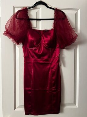 Satin Puff-Sleeve Bodycon Dress in Burgundy